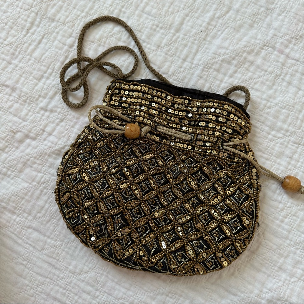 Elegant Gold Black Beaded Sequins Drawstring Bag Fairy Whimsygoth Cosplay Glam